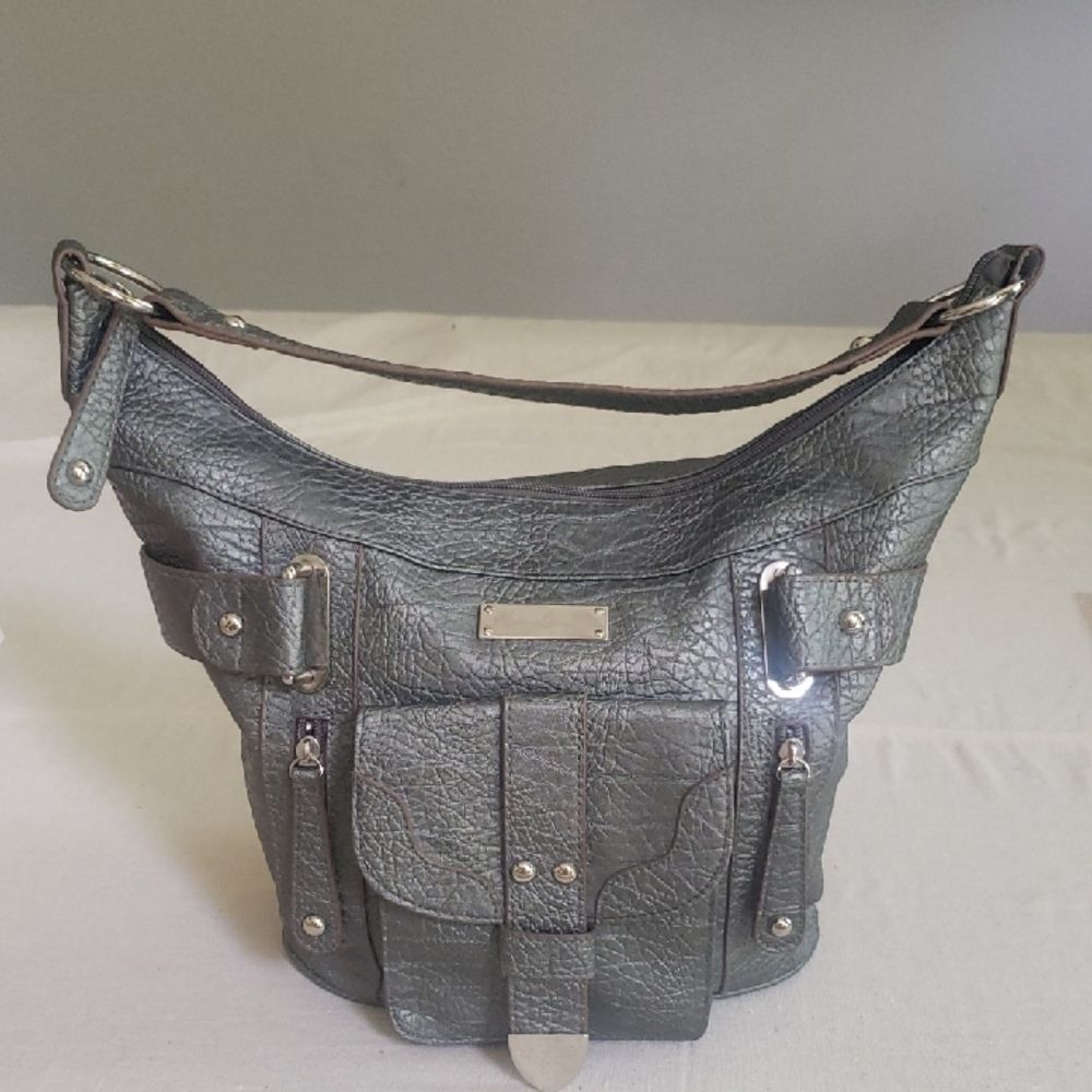 Kate Landry Bucket Bag Metallic Gray Vegan Leather Shoulder Purse Silver Accents